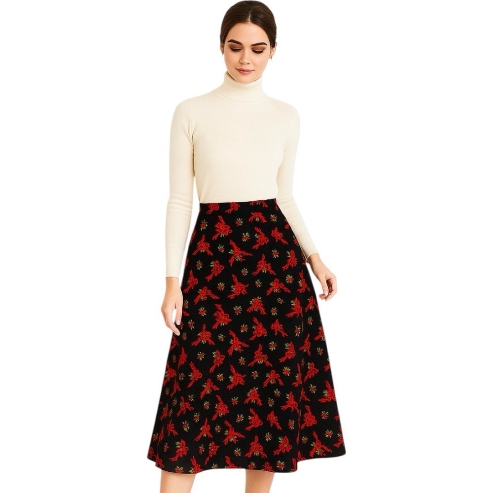 Vintage Holiday Bow & Holly Print Midi Skirt Sz Large Black Red Festive A-Line - Picture 1 of 10